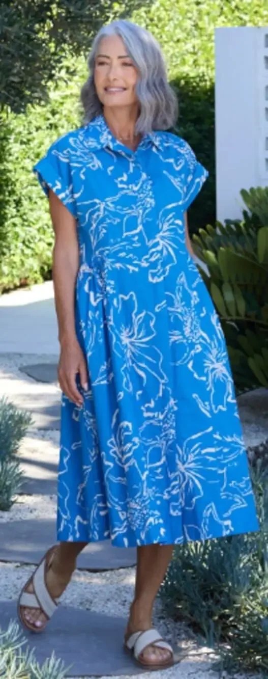 Maye M Margot Shirt Dress Arcadia Print Blue Floral Linen Cotton Coastal Casual